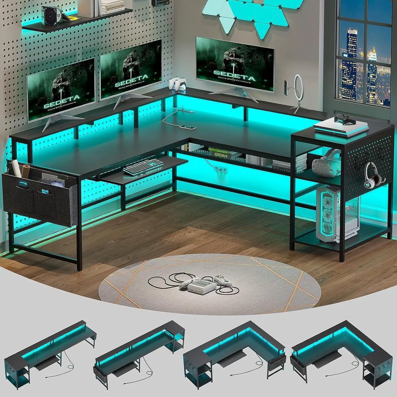 Main image of L Shaped Gaming Desk, Reversible Computer Desk, Gaming Desk with Power Outlets & LED Strip, Monitor Shelf, Keyboard Tray, Pegboard and Storage Shelves for Home Office, Black