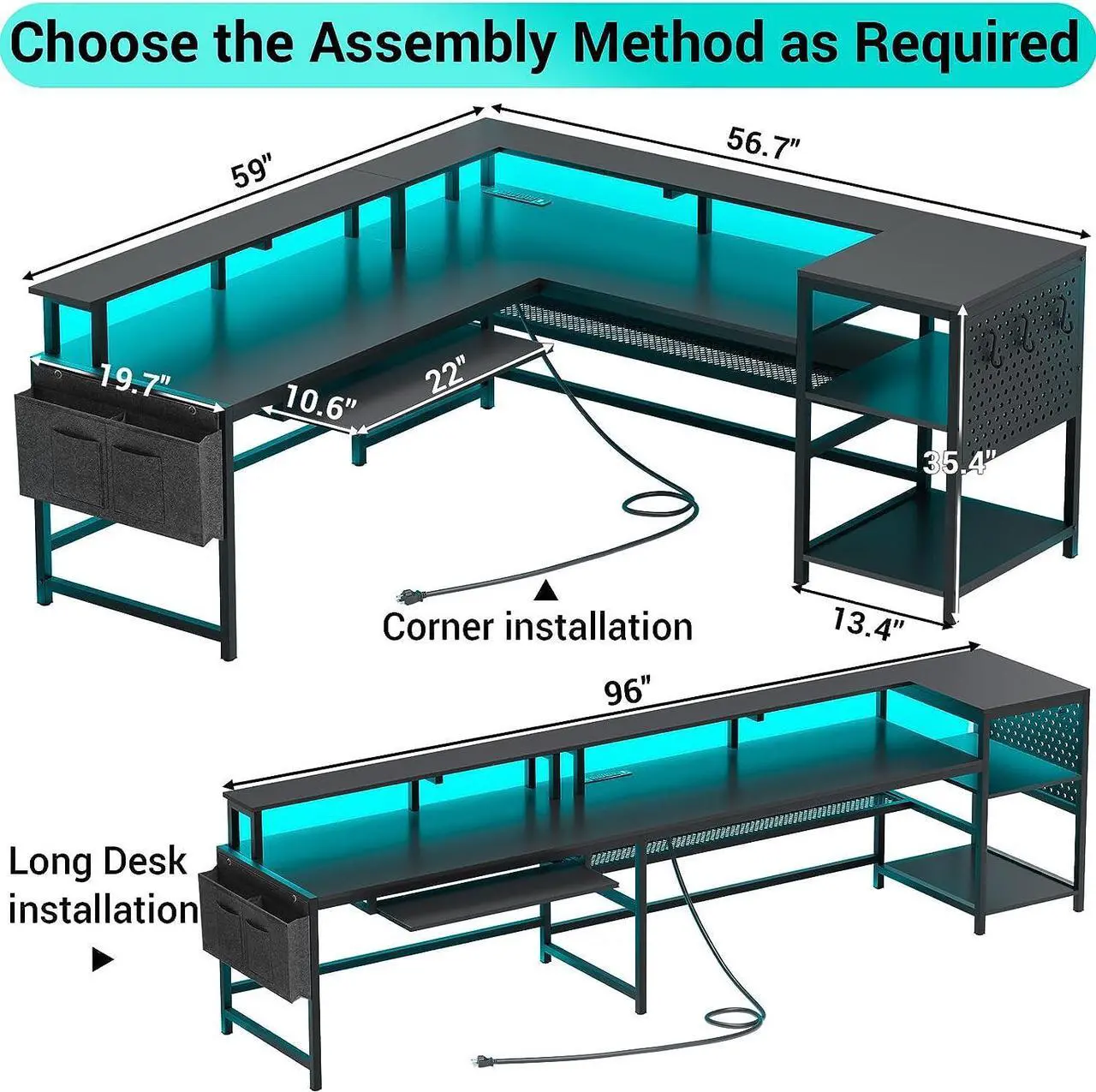 Alt view image 3 of 7 - L Shaped Gaming Desk, Reversible Computer Desk, Gaming Desk with Power Outlets & LED Strip, Monitor Shelf, Keyboard Tray, Pegboard and Storage Shelves for Home Office, Black