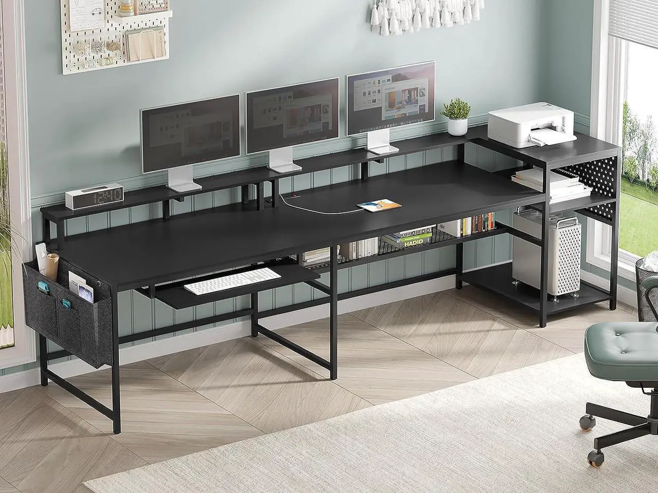 Alt view image 2 of 7 - L Shaped Gaming Desk, Reversible Computer Desk, Gaming Desk with Power Outlets & LED Strip, Monitor Shelf, Keyboard Tray, Pegboard and Storage Shelves for Home Office, Black