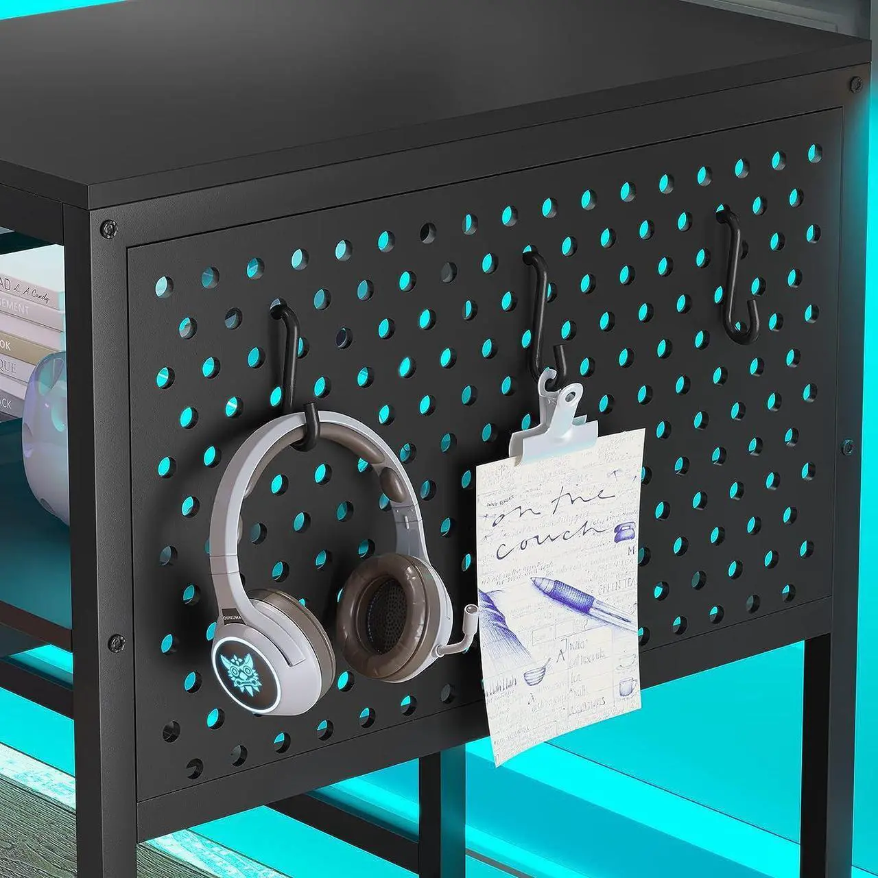 Alt view image 5 of 7 - L Shaped Gaming Desk, Reversible Computer Desk, Gaming Desk with Power Outlets & LED Strip, Monitor Shelf, Keyboard Tray, Pegboard and Storage Shelves for Home Office, Black