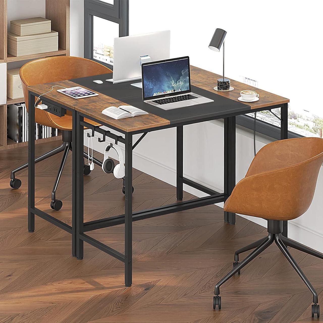 Alt view image 5 of 7 - HOOBRO Computer Desk, Home Office Desk with Power Outlet, Modern Study Writing Desk with 3 Hooks for Study Room, Home Office, Sturdy and Stable, Easy to Assemble, Rustic Brown and Black BF40UDN01