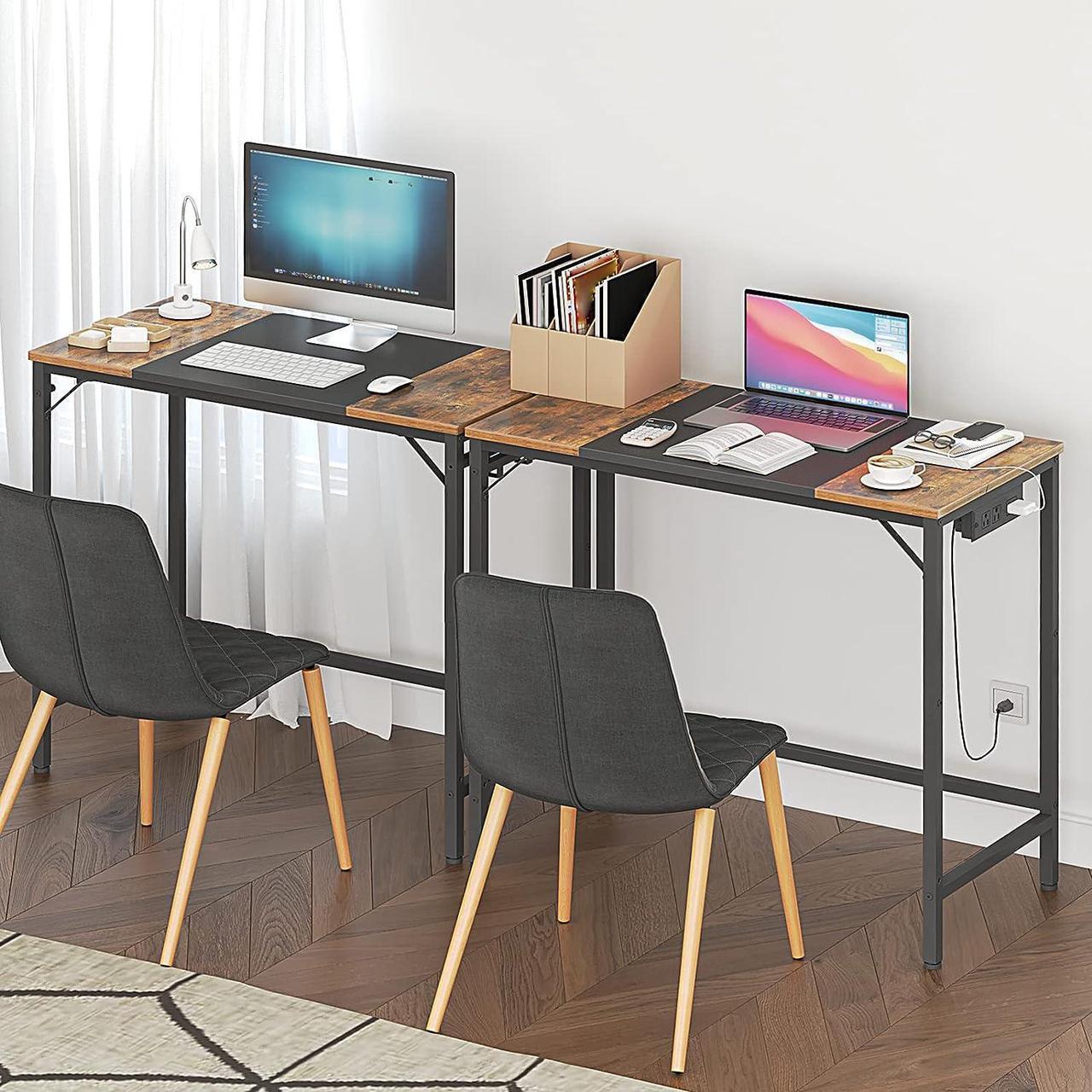 Alt view image 7 of 7 - HOOBRO Computer Desk, Home Office Desk with Power Outlet, Modern Study Writing Desk with 3 Hooks for Study Room, Home Office, Sturdy and Stable, Easy to Assemble, Rustic Brown and Black BF40UDN01