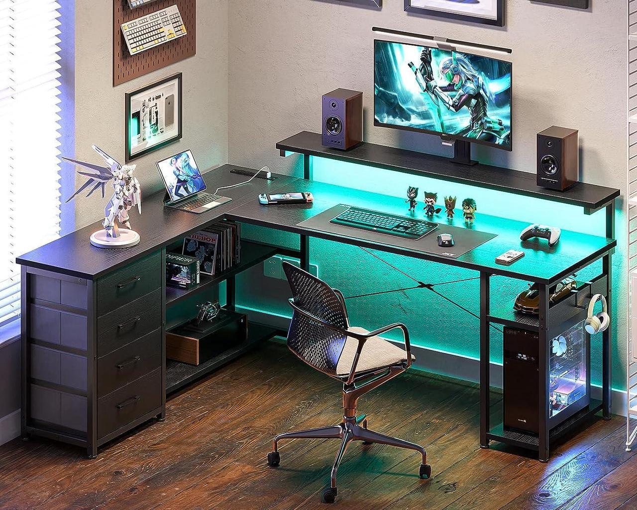 Alt view image 7 of 7 - 61" L Shaped Desk with Drawer, Computer Desk with Power Outlets & LED Lights, Reversible Corner Gaming Desk for Home Office Workstation, Office Desk with Monitor Shelf, Pure Black