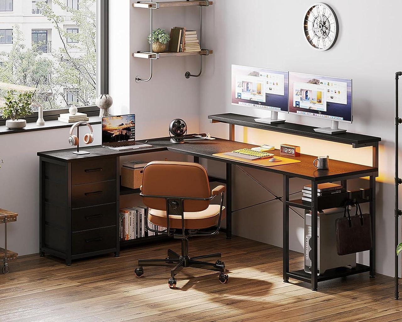 Alt view image 2 of 7 - 61" L Shaped Desk with Drawer, Computer Desk with Power Outlets & LED Lights, Reversible Corner Gaming Desk for Home Office Workstation, Office Desk with Monitor Shelf, Pure Black