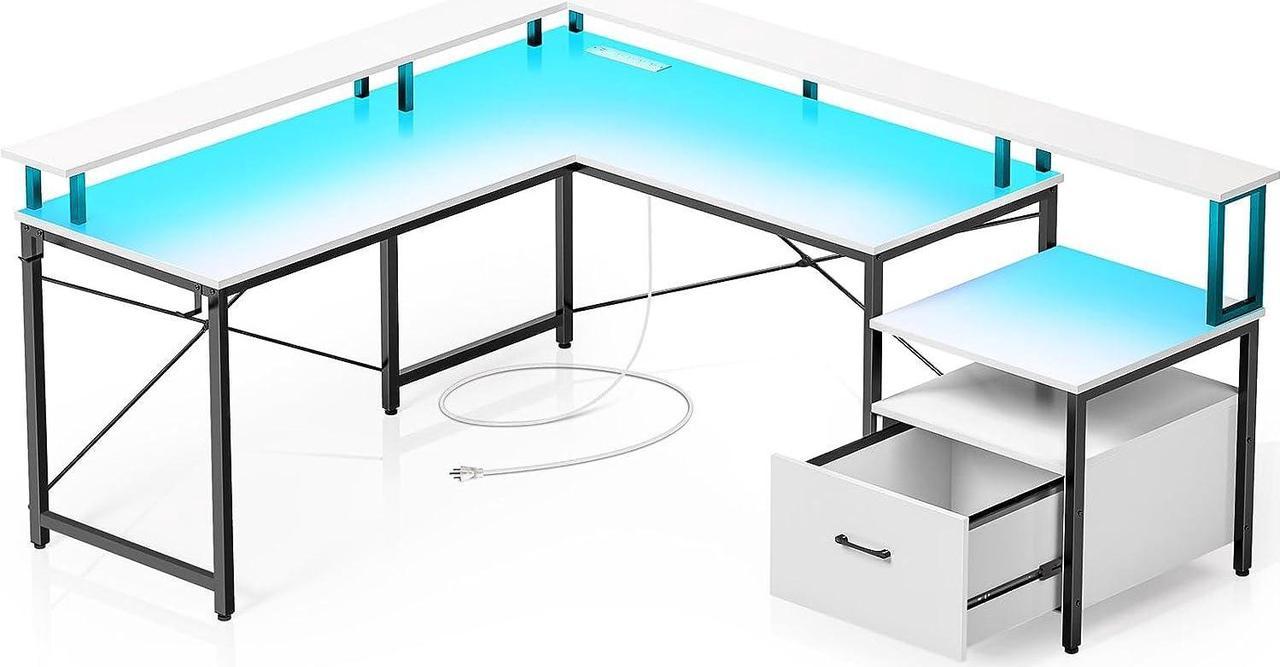 Rolanstar Computer Desk with File Drawer, 68" L Shaped Desk with Power Outlet & LED Strip, L Shaped Computer Corner Desk with File Cabinet, Gaming Desk with Monitor Shelf, Home Office Desk, White