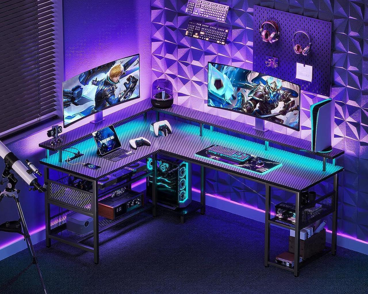Alt view image 3 of 7 - ODK 66" L Shaped Gaming Desk with Power Outlet and LED Lights, Reversible L Shaped Desk with Storage Shelves & Monitor Stand, Gaming Desk with USB Ports, Home Office Desk, Black Carbon Fiber