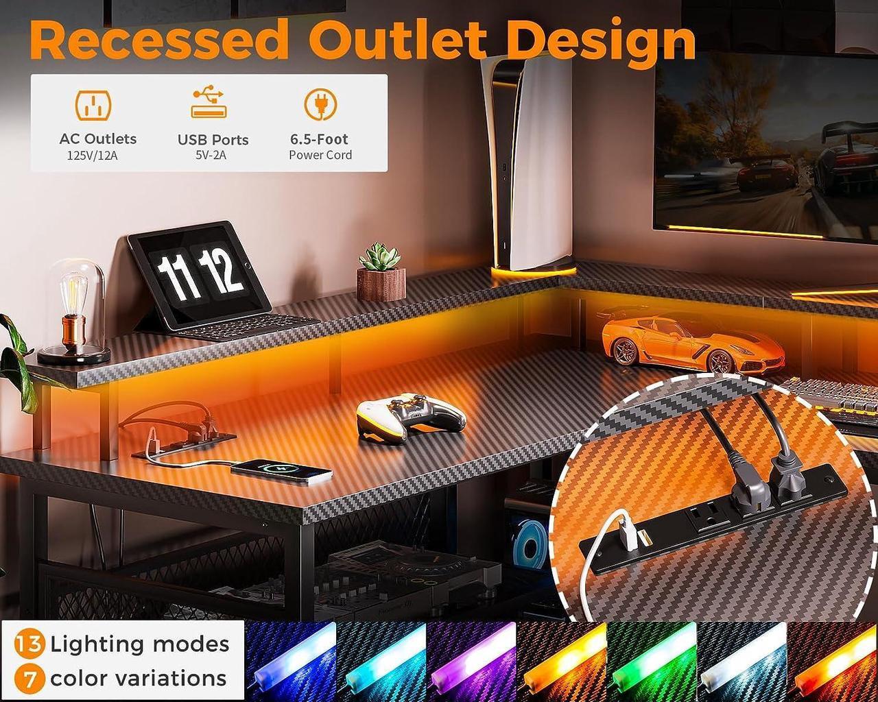 Alt view image 4 of 7 - ODK 66" L Shaped Gaming Desk with Power Outlet and LED Lights, Reversible L Shaped Desk with Storage Shelves & Monitor Stand, Gaming Desk with USB Ports, Home Office Desk, Black Carbon Fiber