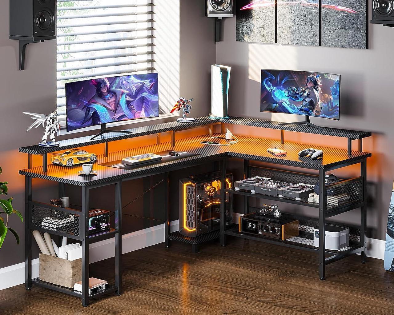 Alt view image 7 of 7 - ODK 66" L Shaped Gaming Desk with Power Outlet and LED Lights, Reversible L Shaped Desk with Storage Shelves & Monitor Stand, Gaming Desk with USB Ports, Home Office Desk, Black Carbon Fiber