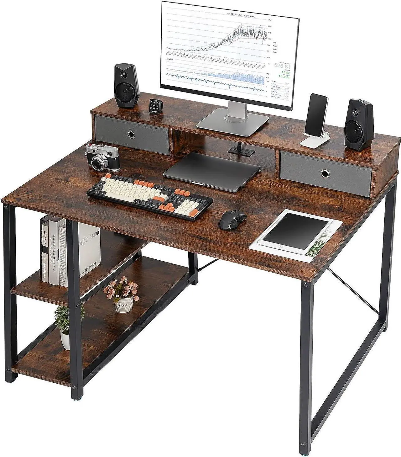 Main image of TOPSKY 47x 31.5 Computer Desk with Drawers, Monitor Stand, Storage Shelf, 3-Port Charging Station (Rustic Brown)