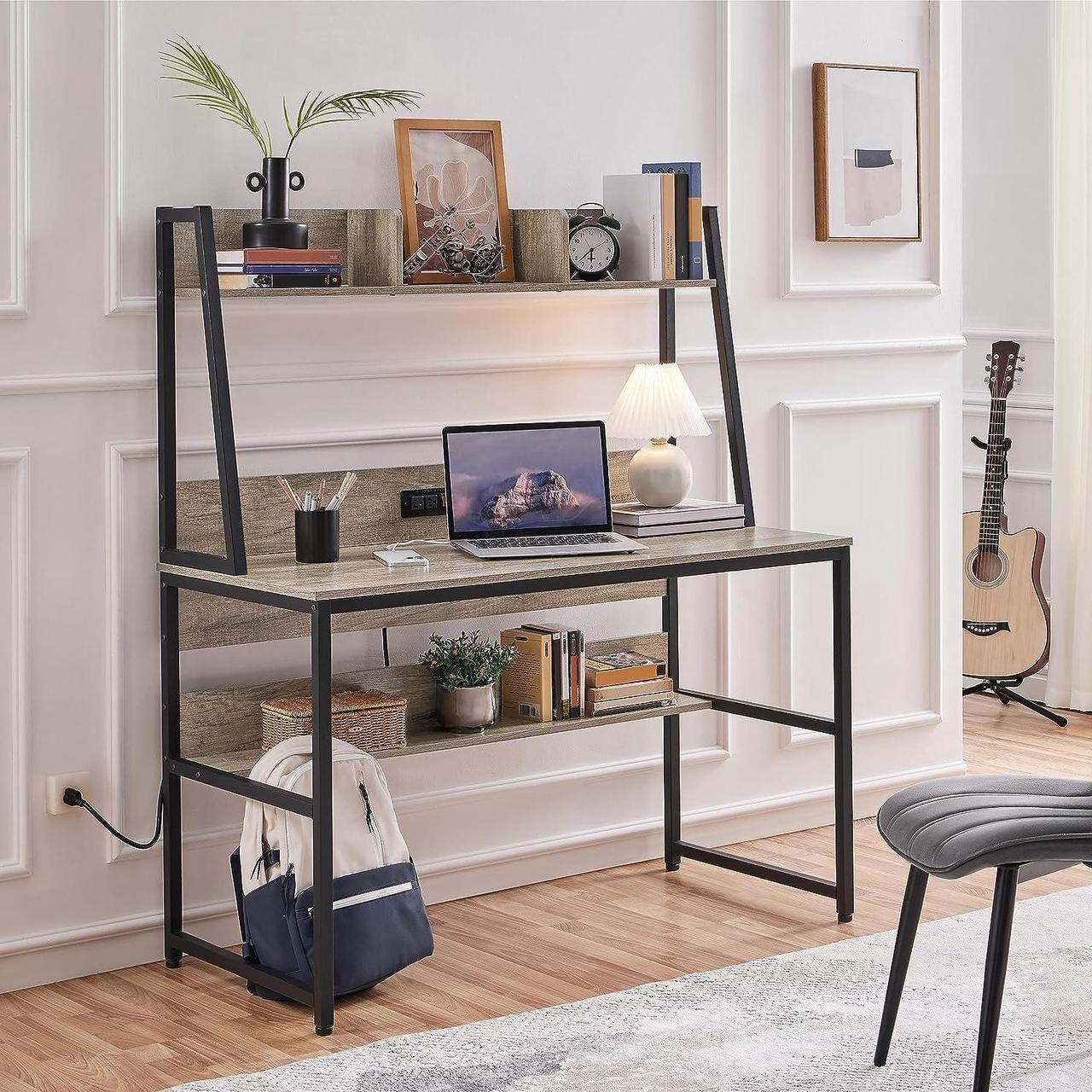 Alt view image 4 of 7 - Yaheetech Home Office 47 Inch Writing Desk with Power Outlets and 2 USB Charging Ports for Studying, Gaming Table Computer Desk with Hutch and Bookshelf, Metal Frame Workstation for Office, Gray