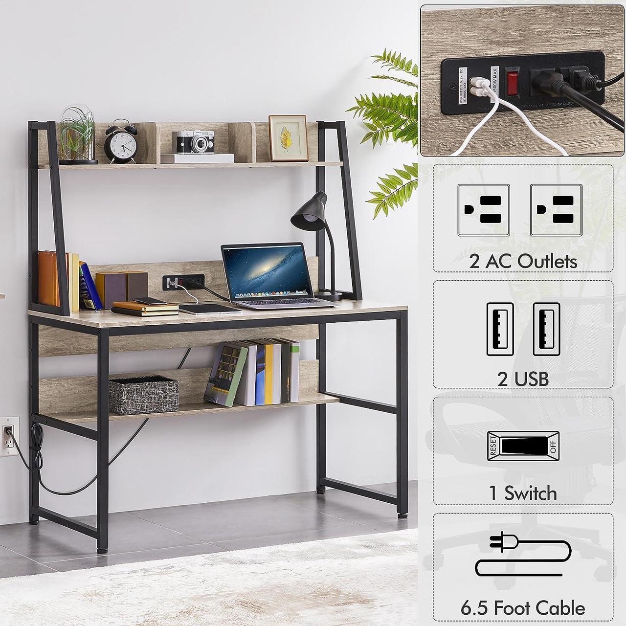 Alt view image 5 of 7 - Yaheetech Home Office 47 Inch Writing Desk with Power Outlets and 2 USB Charging Ports for Studying, Gaming Table Computer Desk with Hutch and Bookshelf, Metal Frame Workstation for Office, Gray