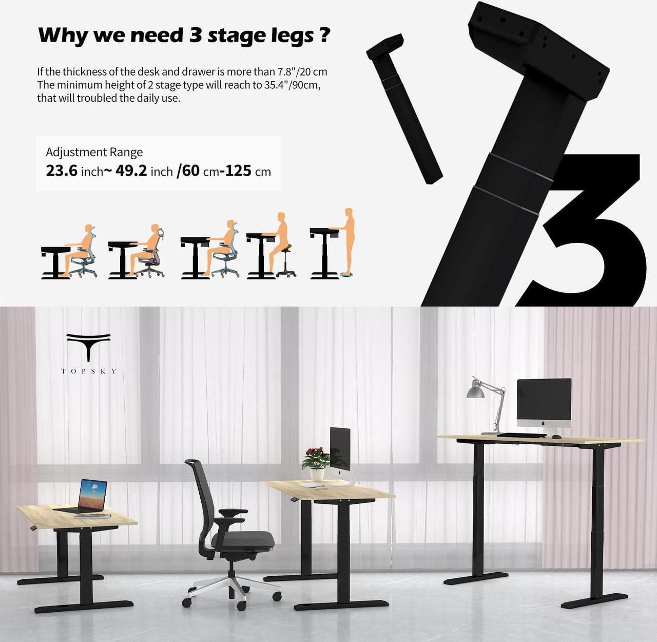 Alt view image 4 of 7 - TOPSKY Dual Motor 3 Stage Electric Adjustable Standing Desk Frame Heavy Duty 300lb Load Capacity for Home Office (Black Frame Only)