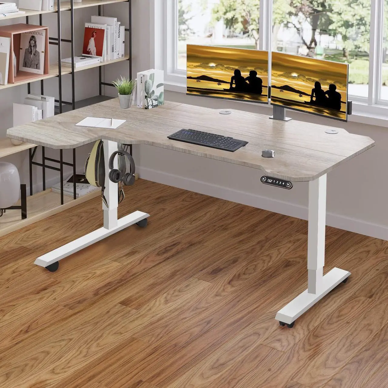 Alt view image 2 of 7 - Jceet Adjustable Height L-Shaped 59 Inch Electric Standing Desk - Sit Stand Computer Desk, Stand Up Desk Table for Home Office, White Frame and Oak Top