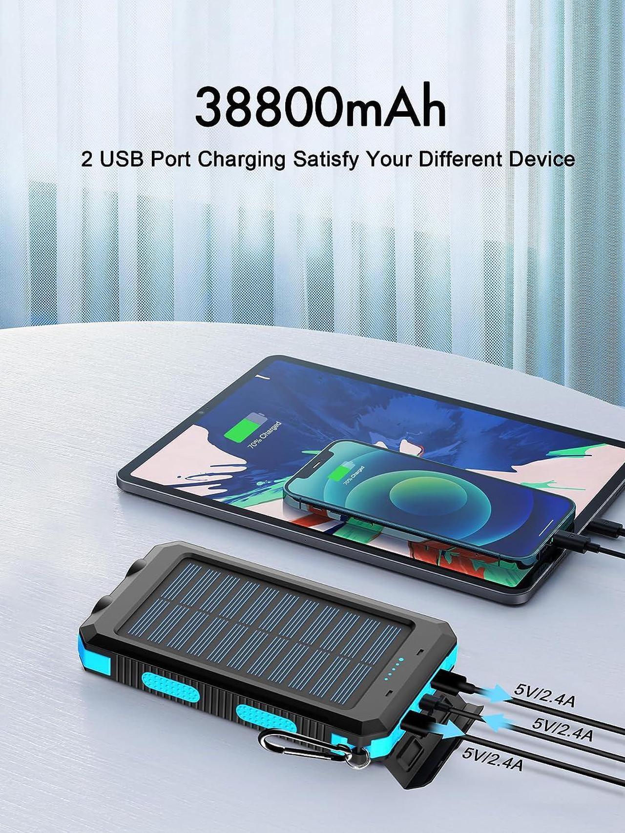 Alt view image 2 of 7 - Solar Charger,38800mAh Portable Solar Power Bank,Waterproof External Backup Battery Power Pack Charger with USB C/LED Flashlights Compatible with iPhone,Tablet,Android,Suitable for Outdoor Camping