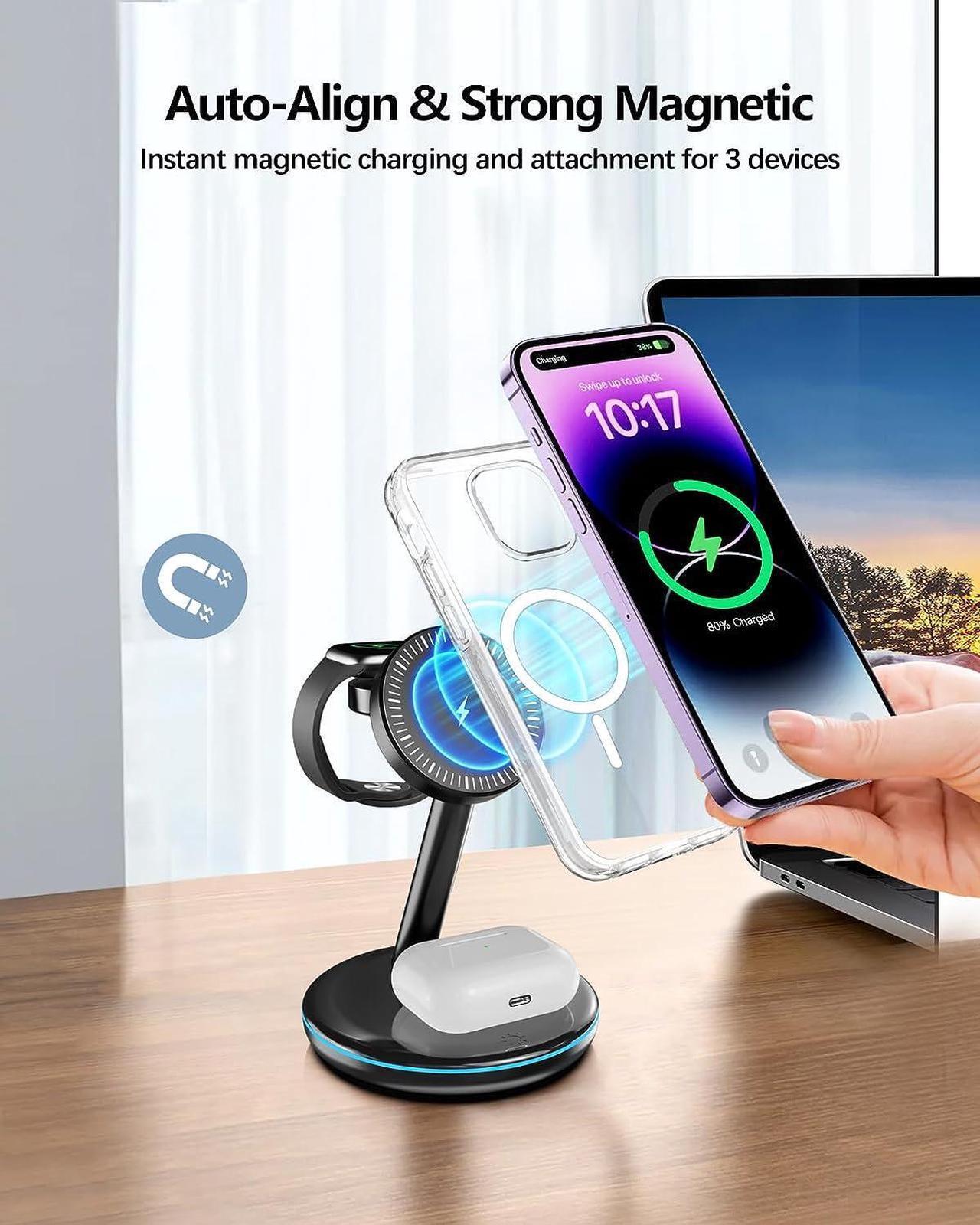 Alt view image 2 of 6 - 3 in 1 Charging Station for Apple Devices 18W Fast Mag-Safe Charger Stand Magnetic Wireless Charger Station for iPhone16 15 14 13 12 Pro/Pro Max/Plus/Mini AirPods 2/3/Pro iWatch Ultra/8/7/SE/6/5/4/3/2