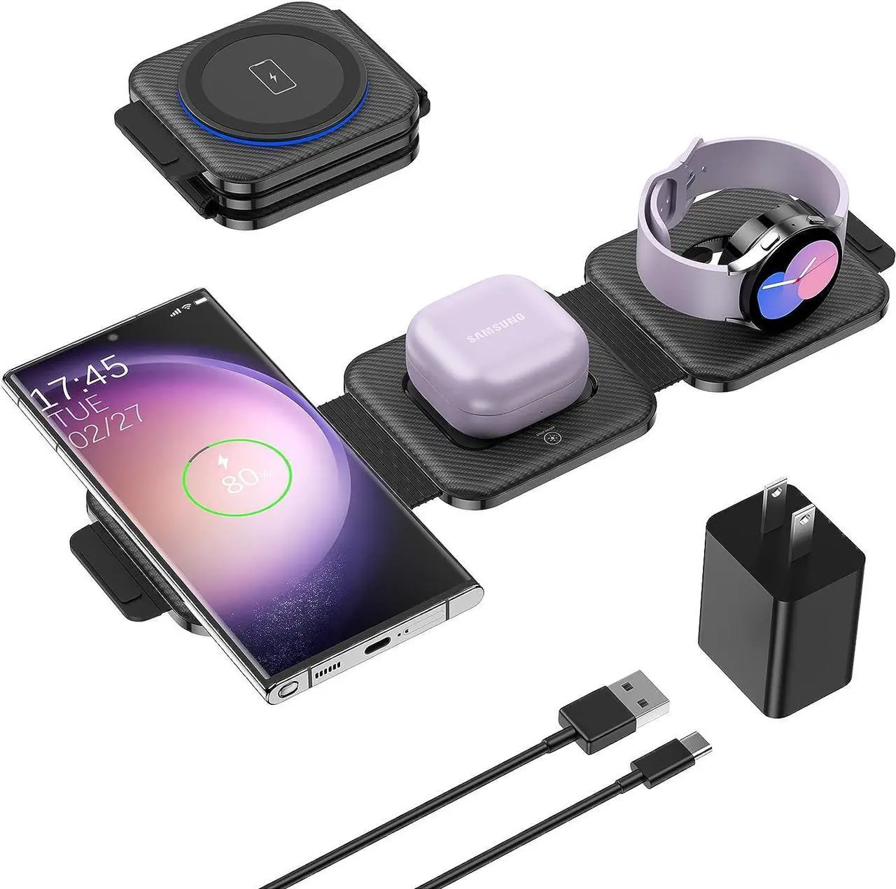 Main image of Travel Charger for Samsung Multi Devices, Foldable 3 in 1 Wireless Charging Station Fast Charging Stand/Pad Compatible for Samsung Galaxy S25/S24/S23/S22/S21/Note20 Galaxy Watch7/6/5/4/3 Galaxy Buds3