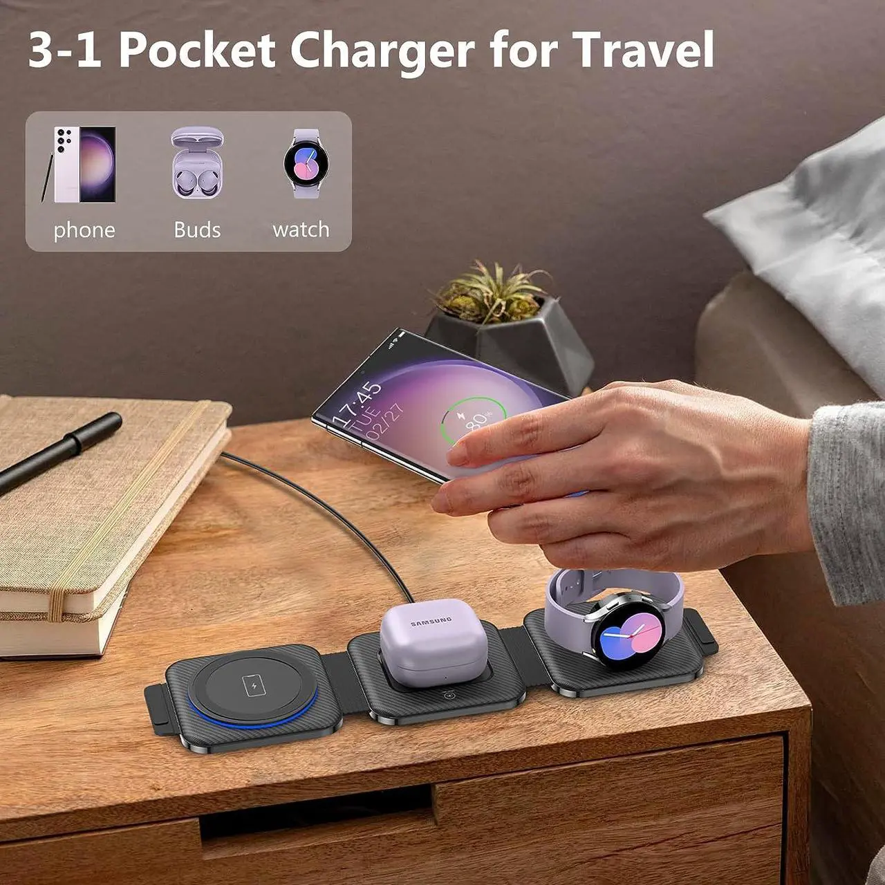 Alt view image 4 of 7 - Travel Charger for Samsung Multi Devices, Foldable 3 in 1 Wireless Charging Station Fast Charging Stand/Pad Compatible for Samsung Galaxy S25/S24/S23/S22/S21/Note20 Galaxy Watch7/6/5/4/3 Galaxy Buds3