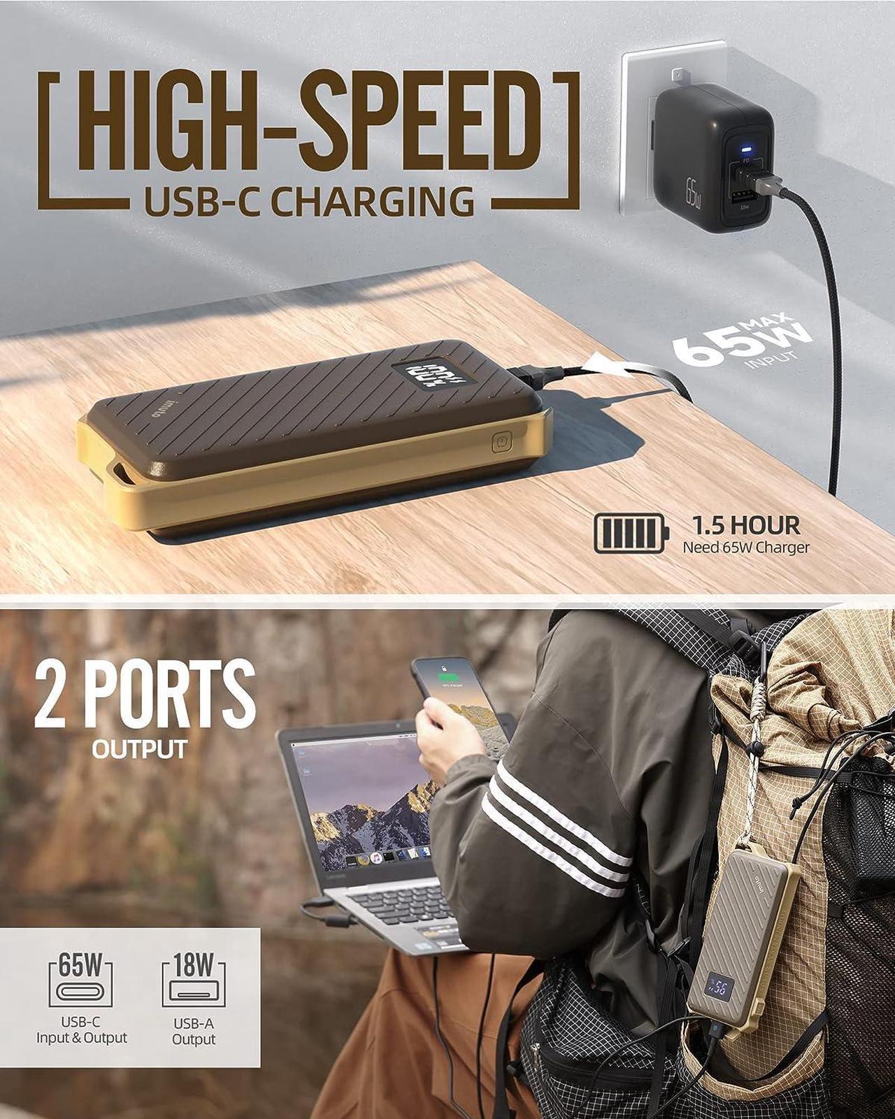 Alt view image 4 of 7 - imuto IP67 Waterproof 65W 20000mAh Laptop Portable Charger,Fast Charging USB C PD 3.0 Battery Pack with Lanyard,Portable Battery for Camping,External Battery Pack Compatible with MacBook, iPad,etc.