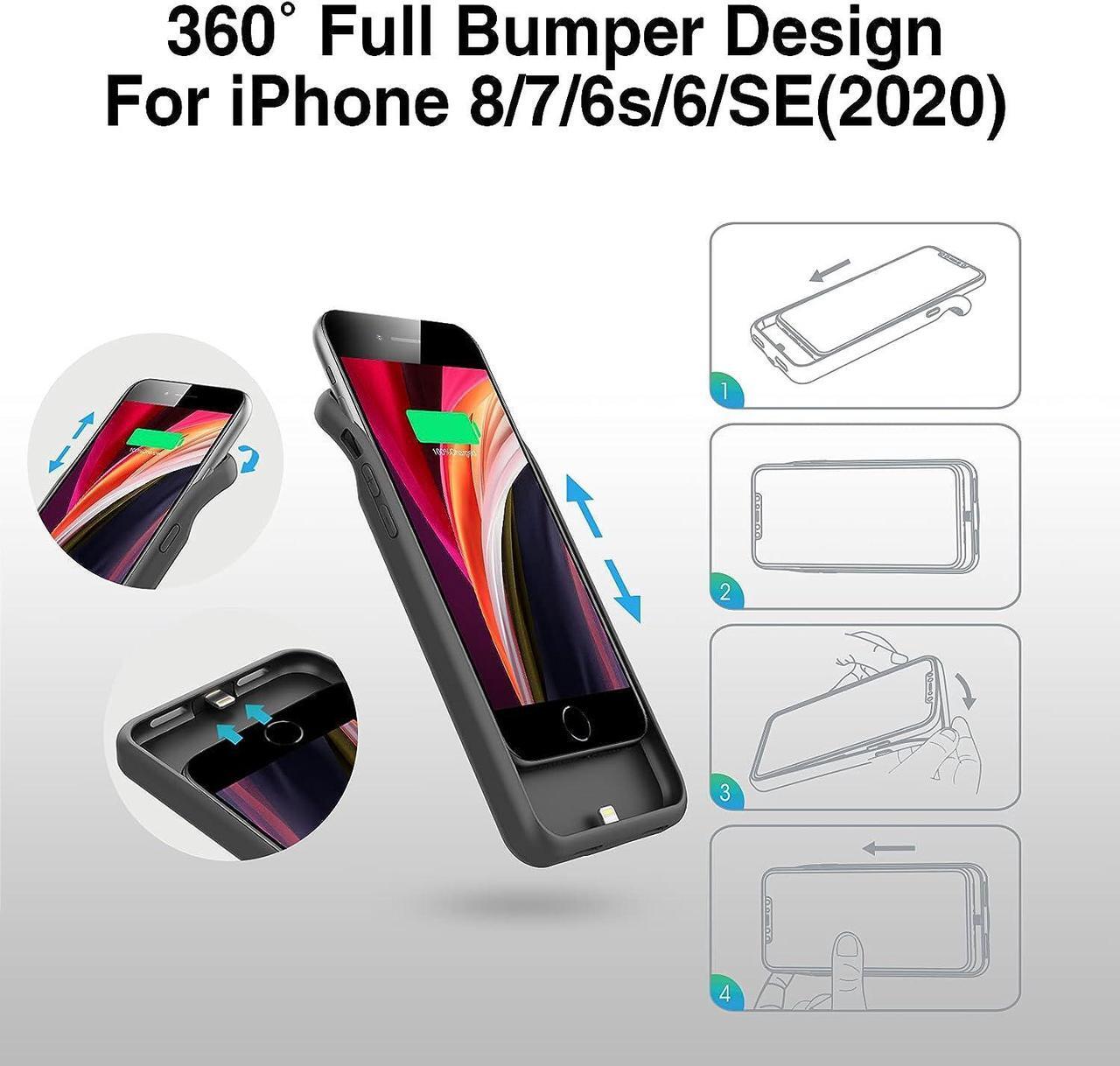 Alt view image 5 of 7 - Charging Case for iPhone 8/7/6s/6/SE (2022/2020) - Slim 6000mAh Battery Case with 360°Protection and Rechargeable Extended Battery Charger for 4.7-inch iPhone8/7/6S/6/SE(3rd & 2nd Generation)Black