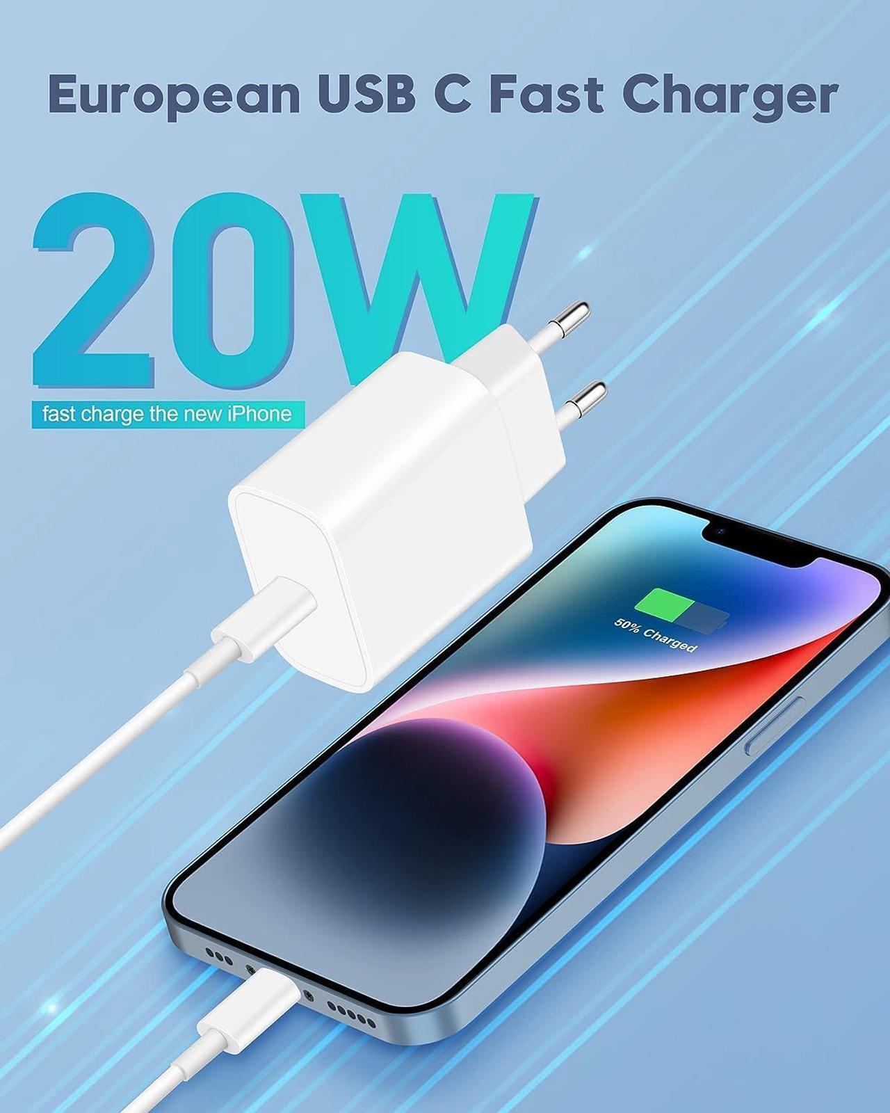 Alt view image 2 of 7 - European Travel Plug Adapter, 20W iPhone Fast Charger USB C Wall Charger Block Plug with 10FT Charging Cable for iPhone 14/13/12/11 Pro Max/XS/XR/X/8, iPad, Europe EU Power Plug Type C Adaptor Charger