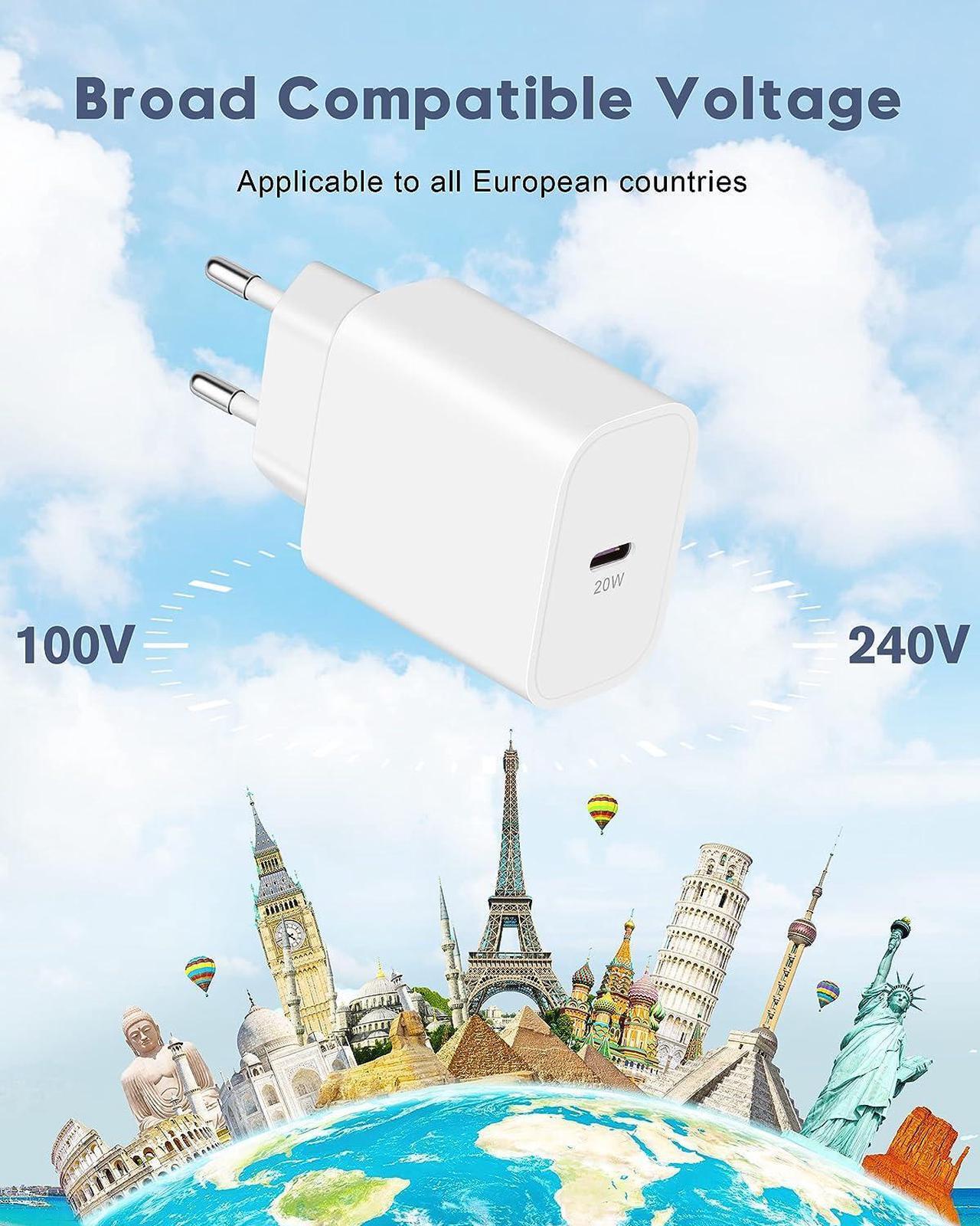Alt view image 4 of 7 - European Travel Plug Adapter, 20W iPhone Fast Charger USB C Wall Charger Block Plug with 10FT Charging Cable for iPhone 14/13/12/11 Pro Max/XS/XR/X/8, iPad, Europe EU Power Plug Type C Adaptor Charger