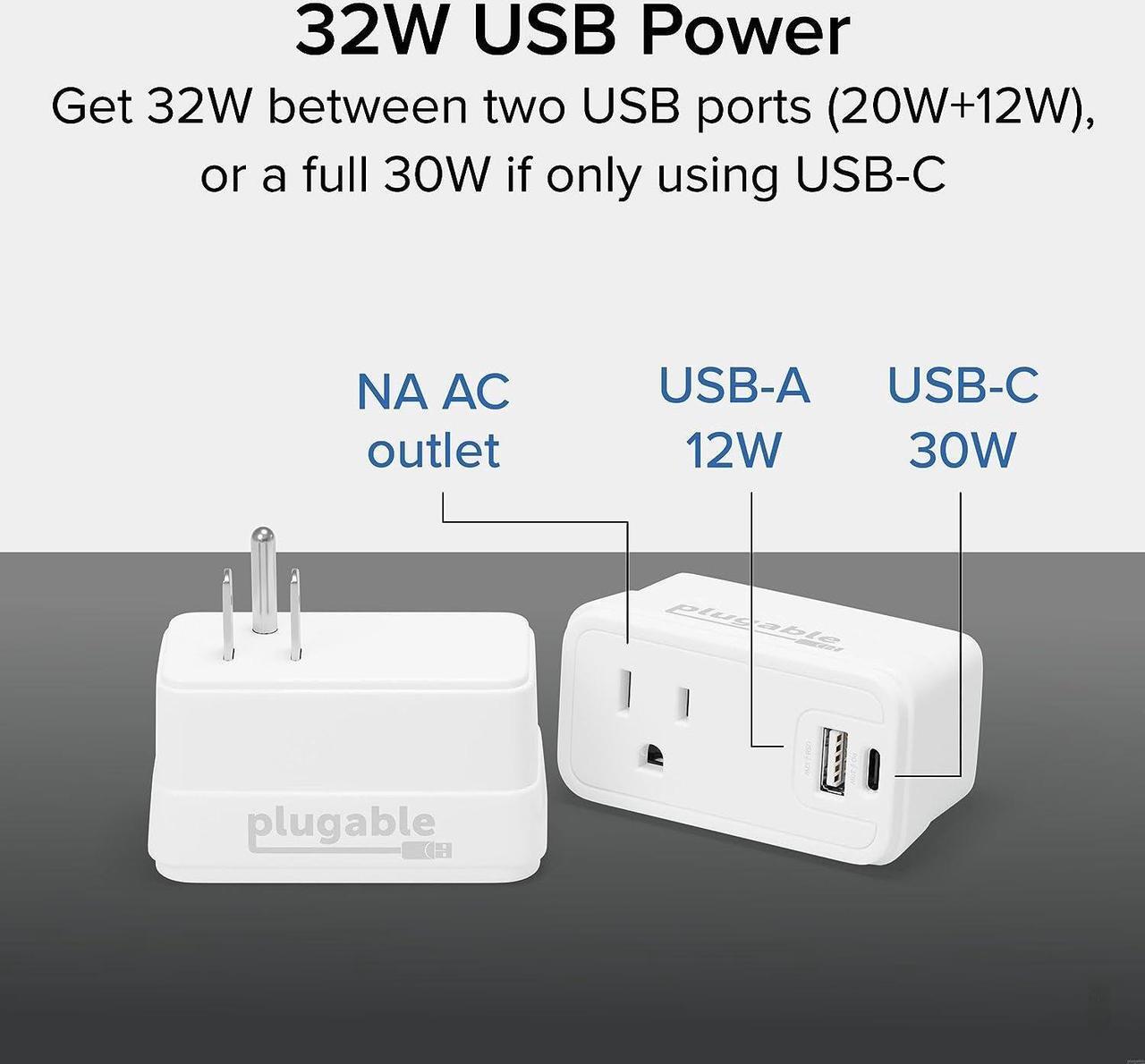 Alt view image 2 of 7 - Plugable Wall Outlet Extender with 1x USB-C and 1x USB, 32W USB C Charger Block, USBC Fast Charger for iPhone 13/14, Travel, Home, Office, Cruise Ship