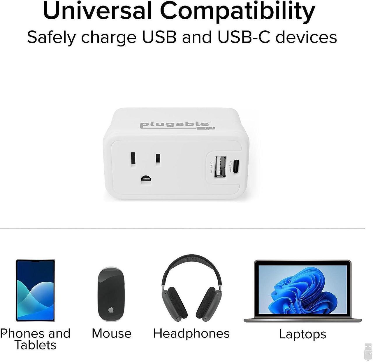 Alt view image 4 of 7 - Plugable Wall Outlet Extender with 1x USB-C and 1x USB, 32W USB C Charger Block, USBC Fast Charger for iPhone 13/14, Travel, Home, Office, Cruise Ship