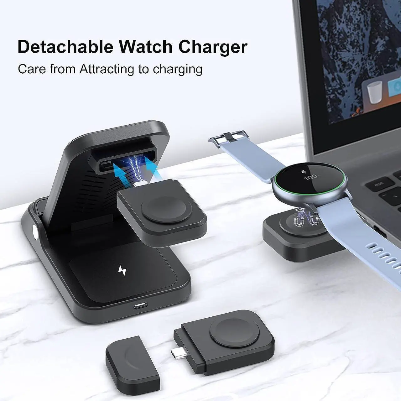 Alt view image 3 of 6 - Wireless Charger for Samsung, RAUGEE Foldable 3 in 1 Fast Wireless Charging Station for Samsung Galaxy S25 Ultra/S24/24 Ultra/S23 Ultra/S23+/S22/Z Fold/Flip Stand for Galaxy Watch Ultra/7/6/5/4/3