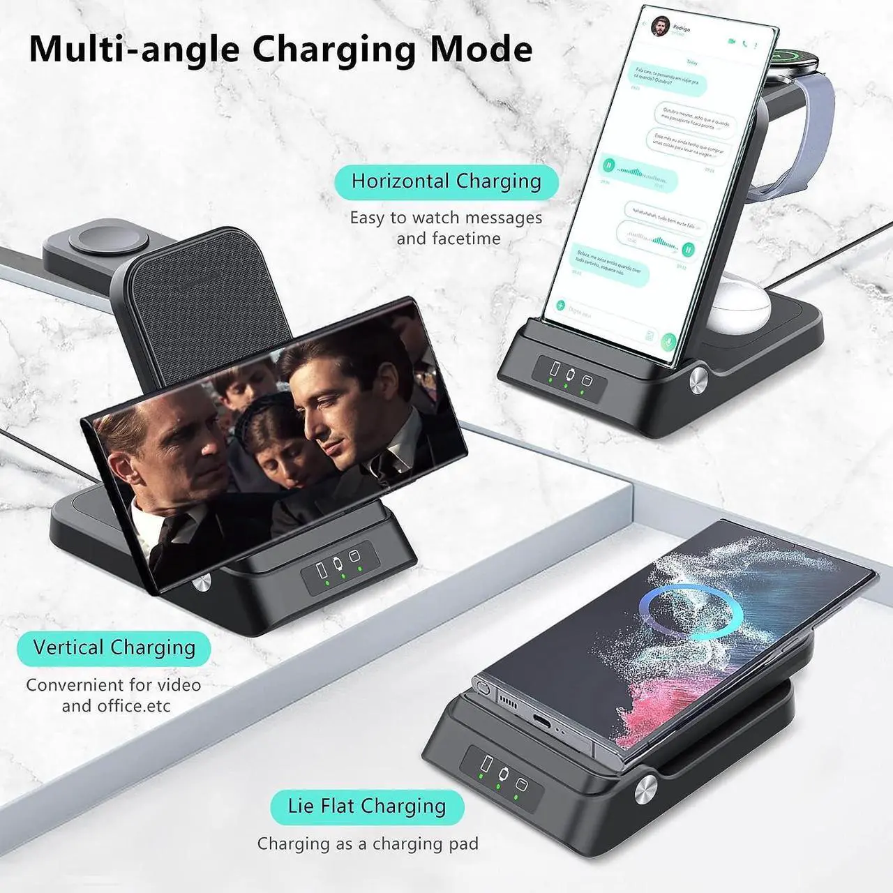Alt view image 5 of 6 - Wireless Charger for Samsung, RAUGEE Foldable 3 in 1 Fast Wireless Charging Station for Samsung Galaxy S25 Ultra/S24/24 Ultra/S23 Ultra/S23+/S22/Z Fold/Flip Stand for Galaxy Watch Ultra/7/6/5/4/3