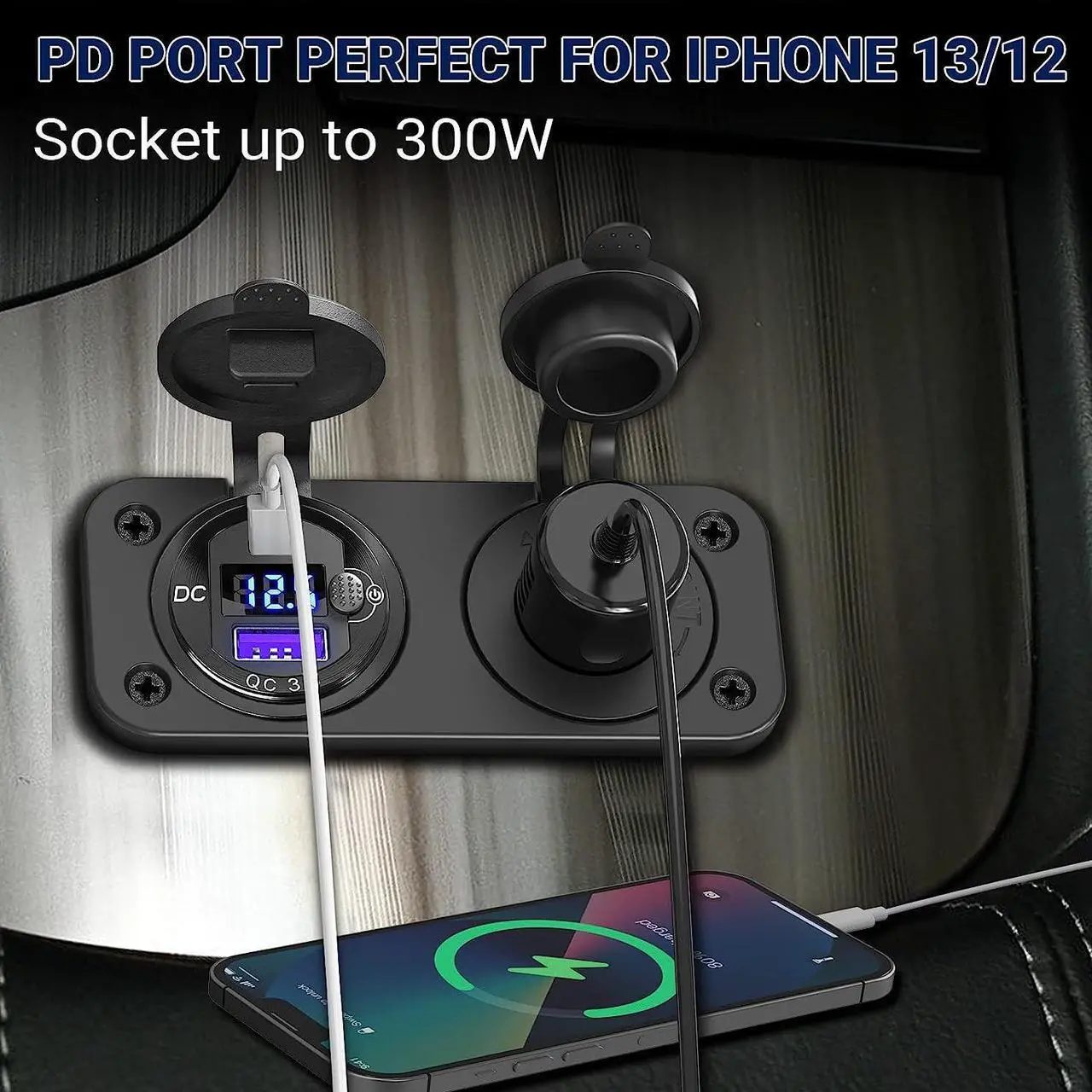 Alt view image 3 of 7 - Cigarette Lighter Socket 12 Volt USB Outlet: PD 20W C and QC3.0 Car Port Aluminum Metal 12V Plug, 150W Charger Panel with Power Switch LED Voltmeter for Marine Boat RV Golf Cart