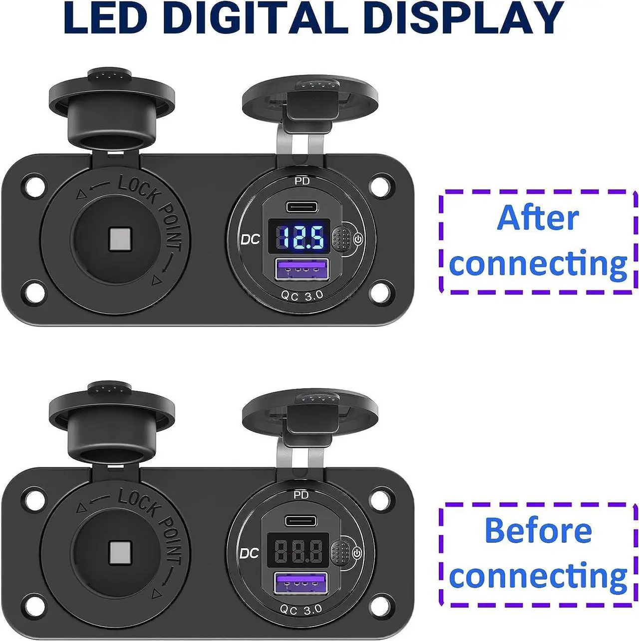 Alt view image 4 of 7 - Cigarette Lighter Socket 12 Volt USB Outlet: PD 20W C and QC3.0 Car Port Aluminum Metal 12V Plug, 150W Charger Panel with Power Switch LED Voltmeter for Marine Boat RV Golf Cart