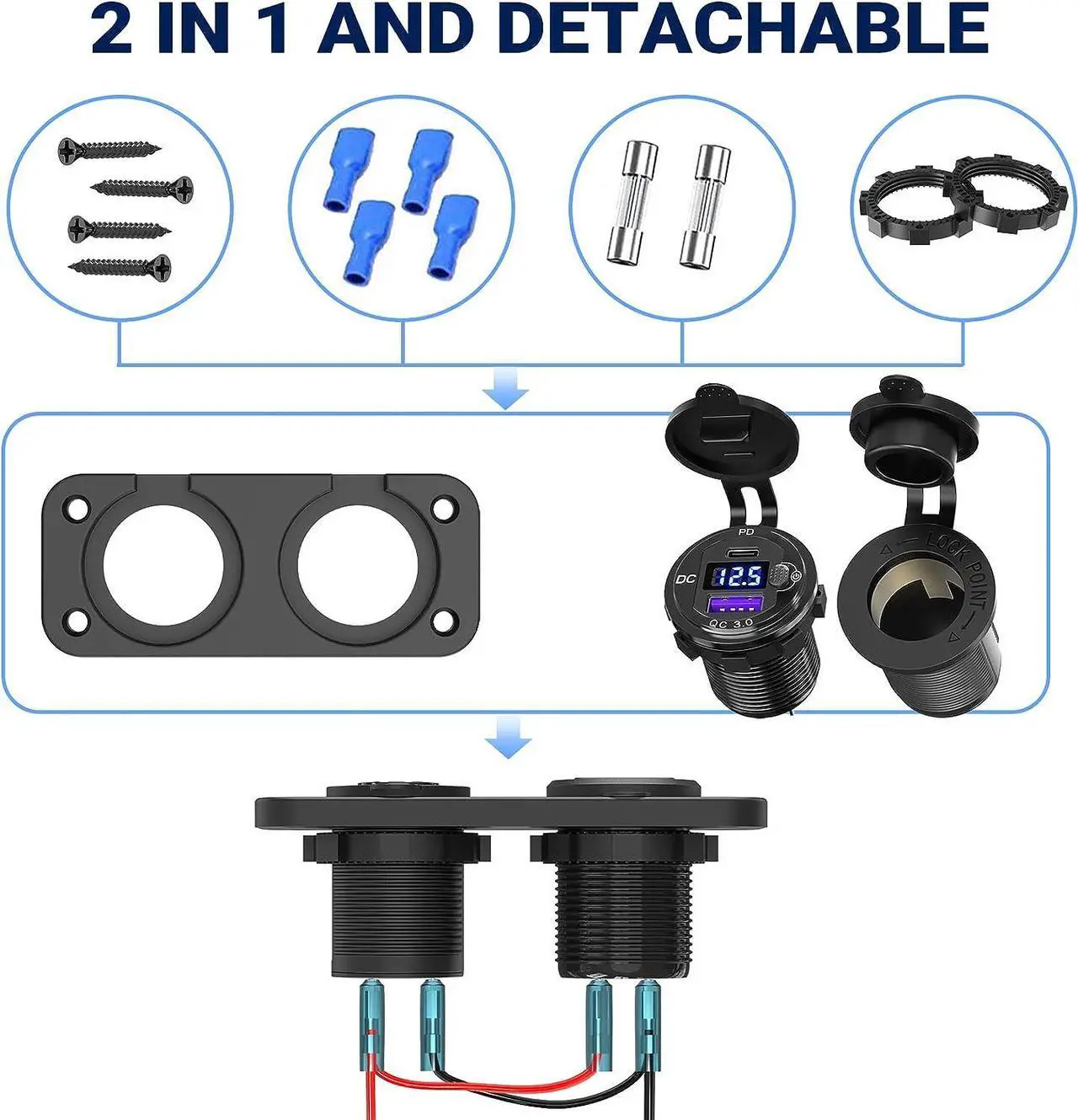 Alt view image 5 of 7 - Cigarette Lighter Socket 12 Volt USB Outlet: PD 20W C and QC3.0 Car Port Aluminum Metal 12V Plug, 150W Charger Panel with Power Switch LED Voltmeter for Marine Boat RV Golf Cart