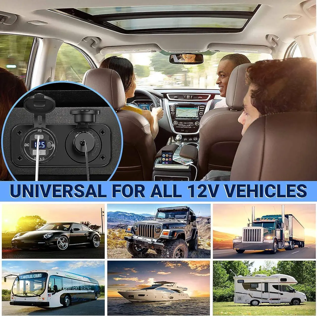 Alt view image 7 of 7 - Cigarette Lighter Socket 12 Volt USB Outlet: PD 20W C and QC3.0 Car Port Aluminum Metal 12V Plug, 150W Charger Panel with Power Switch LED Voltmeter for Marine Boat RV Golf Cart