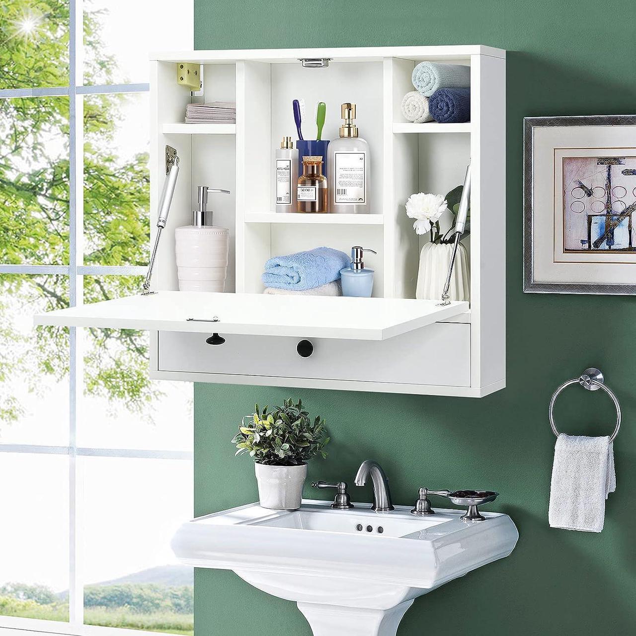 Alt view image 4 of 7 - Wall Mounted Desk, Wall Computer Desk w/Storage Drawer & Shelves, Compact Floating Desk for Wall, Space Saving Wall Desk Fold Down, Wall Desks for Small Spaces (White)