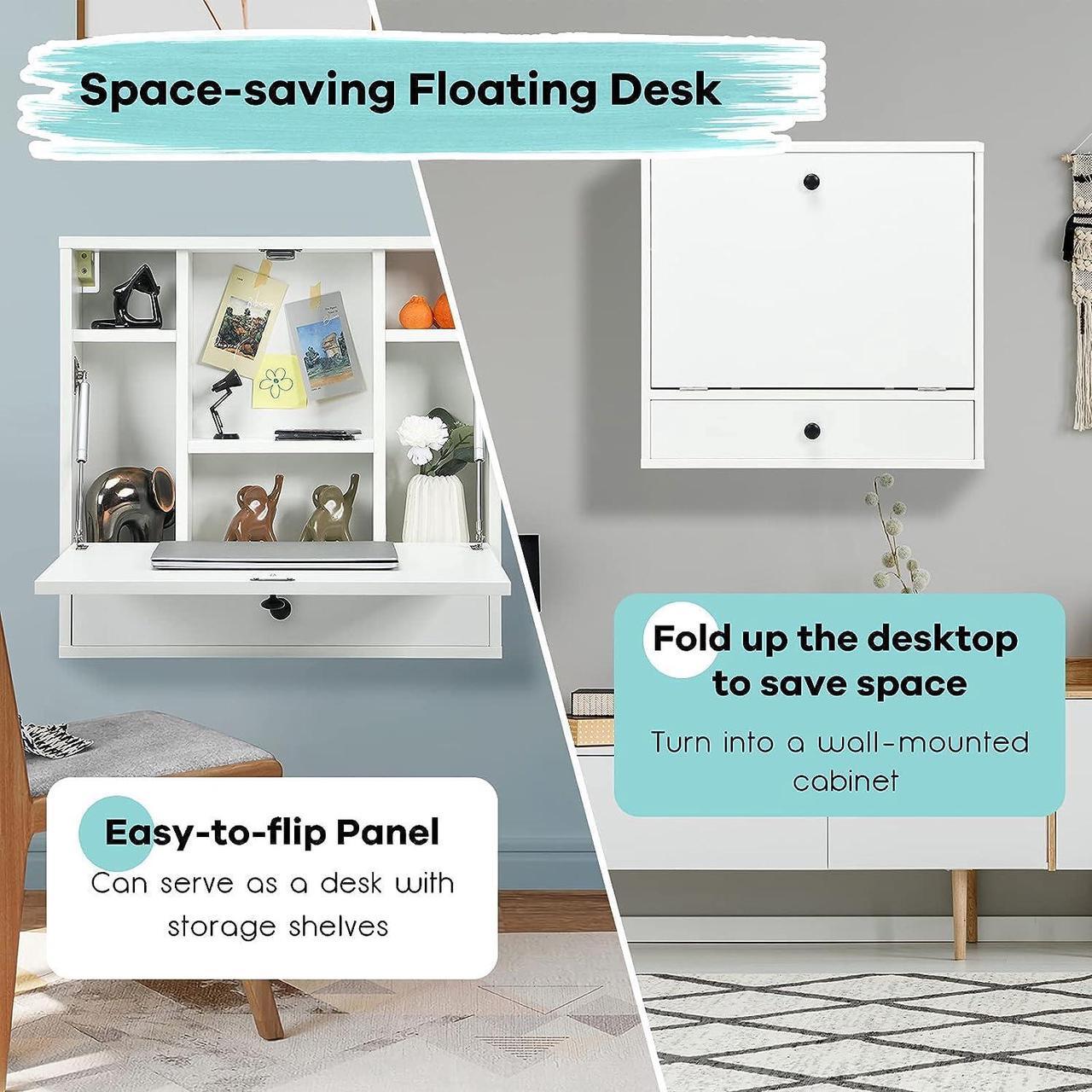 Alt view image 5 of 7 - Wall Mounted Desk, Wall Computer Desk w/Storage Drawer & Shelves, Compact Floating Desk for Wall, Space Saving Wall Desk Fold Down, Wall Desks for Small Spaces (White)