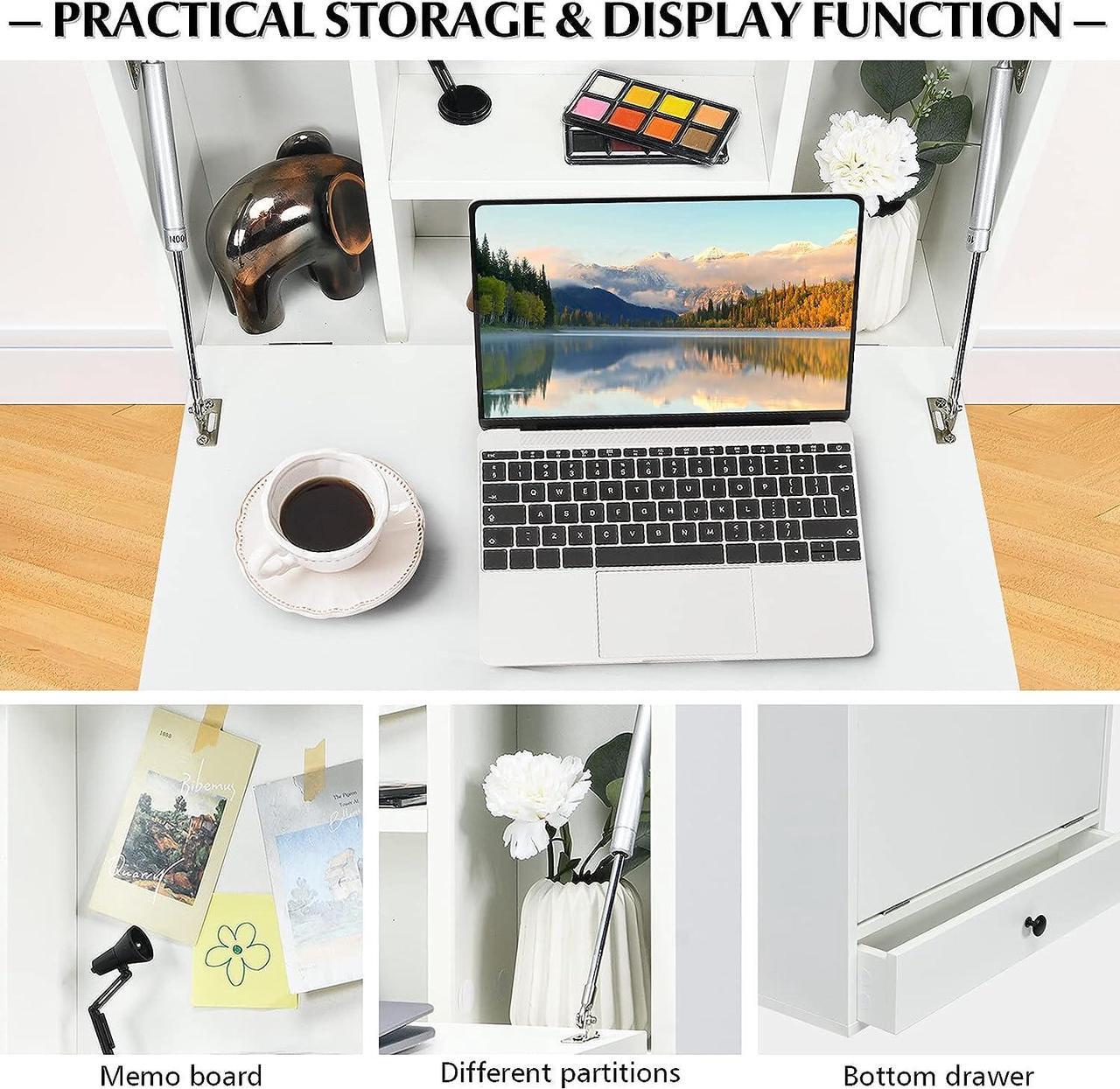 Alt view image 6 of 7 - Wall Mounted Desk, Wall Computer Desk w/Storage Drawer & Shelves, Compact Floating Desk for Wall, Space Saving Wall Desk Fold Down, Wall Desks for Small Spaces (White)