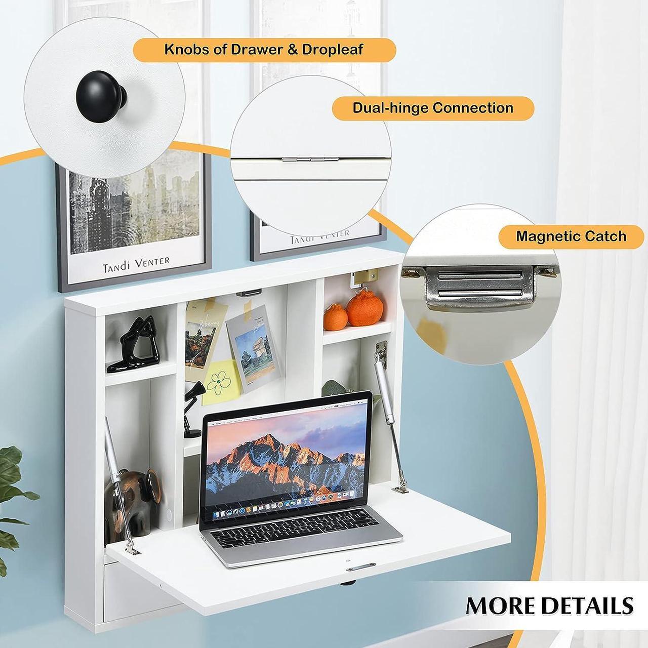 Alt view image 7 of 7 - Wall Mounted Desk, Wall Computer Desk w/Storage Drawer & Shelves, Compact Floating Desk for Wall, Space Saving Wall Desk Fold Down, Wall Desks for Small Spaces (White)