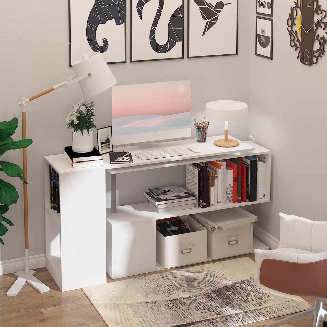 Alt view image 2 of 7 - HOMCOM 55" 360° Rotating Corner Computer Desk Modern L-Shaped Home Office Workstation with 3-Tier Storage Shelves, Bookshelf, White