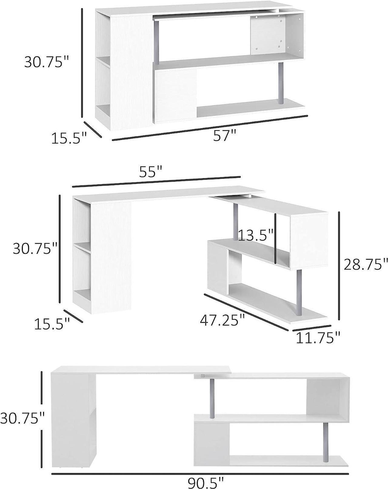 Alt view image 3 of 7 - HOMCOM 55" 360° Rotating Corner Computer Desk Modern L-Shaped Home Office Workstation with 3-Tier Storage Shelves, Bookshelf, White
