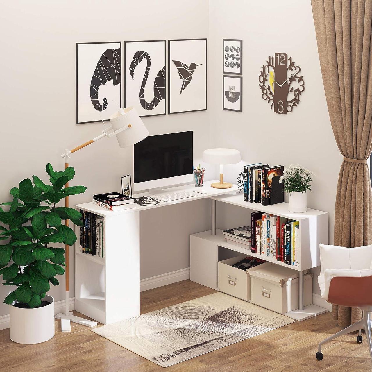 Alt view image 7 of 7 - HOMCOM 55" 360° Rotating Corner Computer Desk Modern L-Shaped Home Office Workstation with 3-Tier Storage Shelves, Bookshelf, White