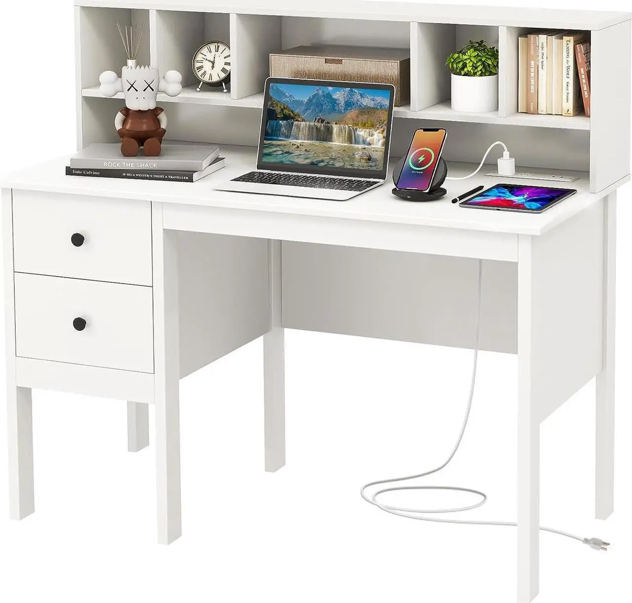 Main image of Tangkula White Desk with Drawers & Hutch, Modern Home Office Desk Writing Study Desk with Charging Station, Laptop Desk with 5 Storage Compartments, Computer Workstation Makeup Vanity Desk