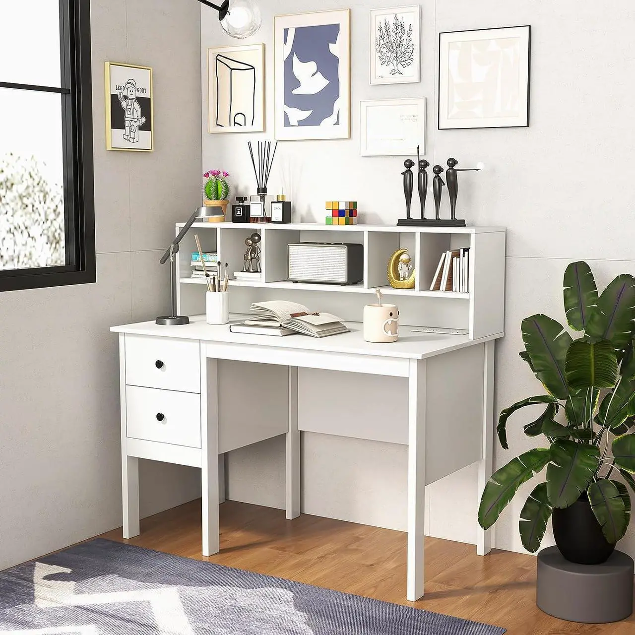 Alt view image 2 of 7 - Tangkula White Desk with Drawers & Hutch, Modern Home Office Desk Writing Study Desk with Charging Station, Laptop Desk with 5 Storage Compartments, Computer Workstation Makeup Vanity Desk