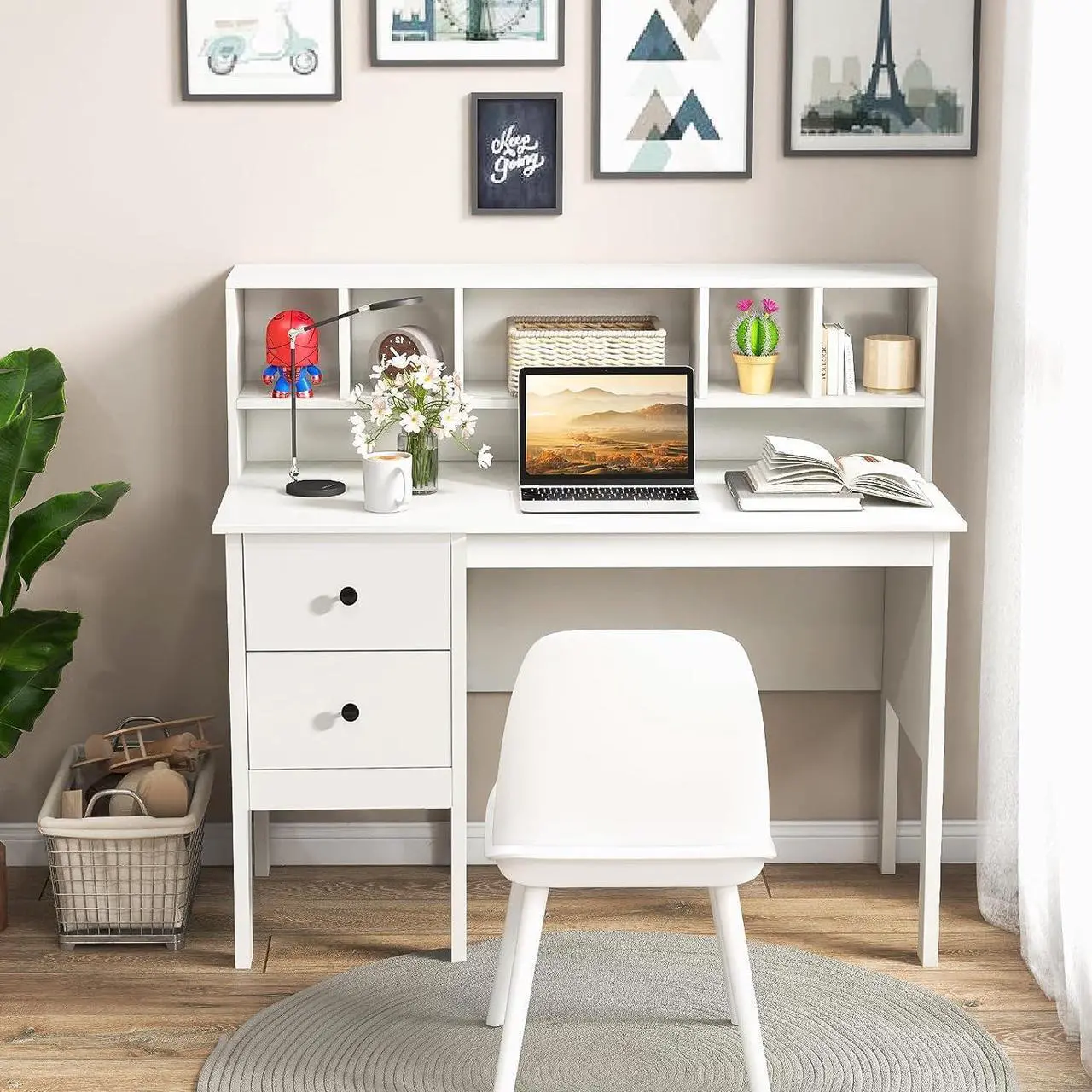 Alt view image 4 of 7 - Tangkula White Desk with Drawers & Hutch, Modern Home Office Desk Writing Study Desk with Charging Station, Laptop Desk with 5 Storage Compartments, Computer Workstation Makeup Vanity Desk