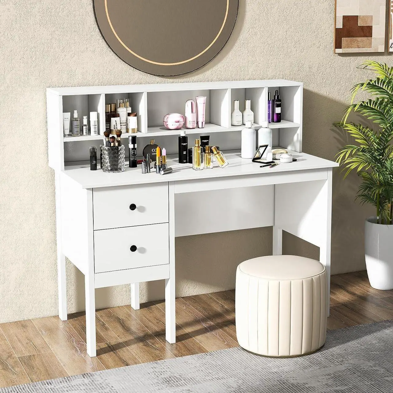Alt view image 5 of 7 - Tangkula White Desk with Drawers & Hutch, Modern Home Office Desk Writing Study Desk with Charging Station, Laptop Desk with 5 Storage Compartments, Computer Workstation Makeup Vanity Desk
