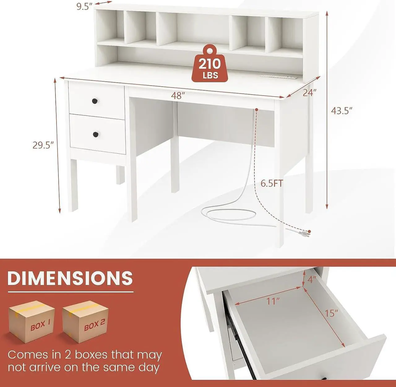 Alt view image 3 of 7 - Tangkula White Desk with Drawers & Hutch, Modern Home Office Desk Writing Study Desk with Charging Station, Laptop Desk with 5 Storage Compartments, Computer Workstation Makeup Vanity Desk