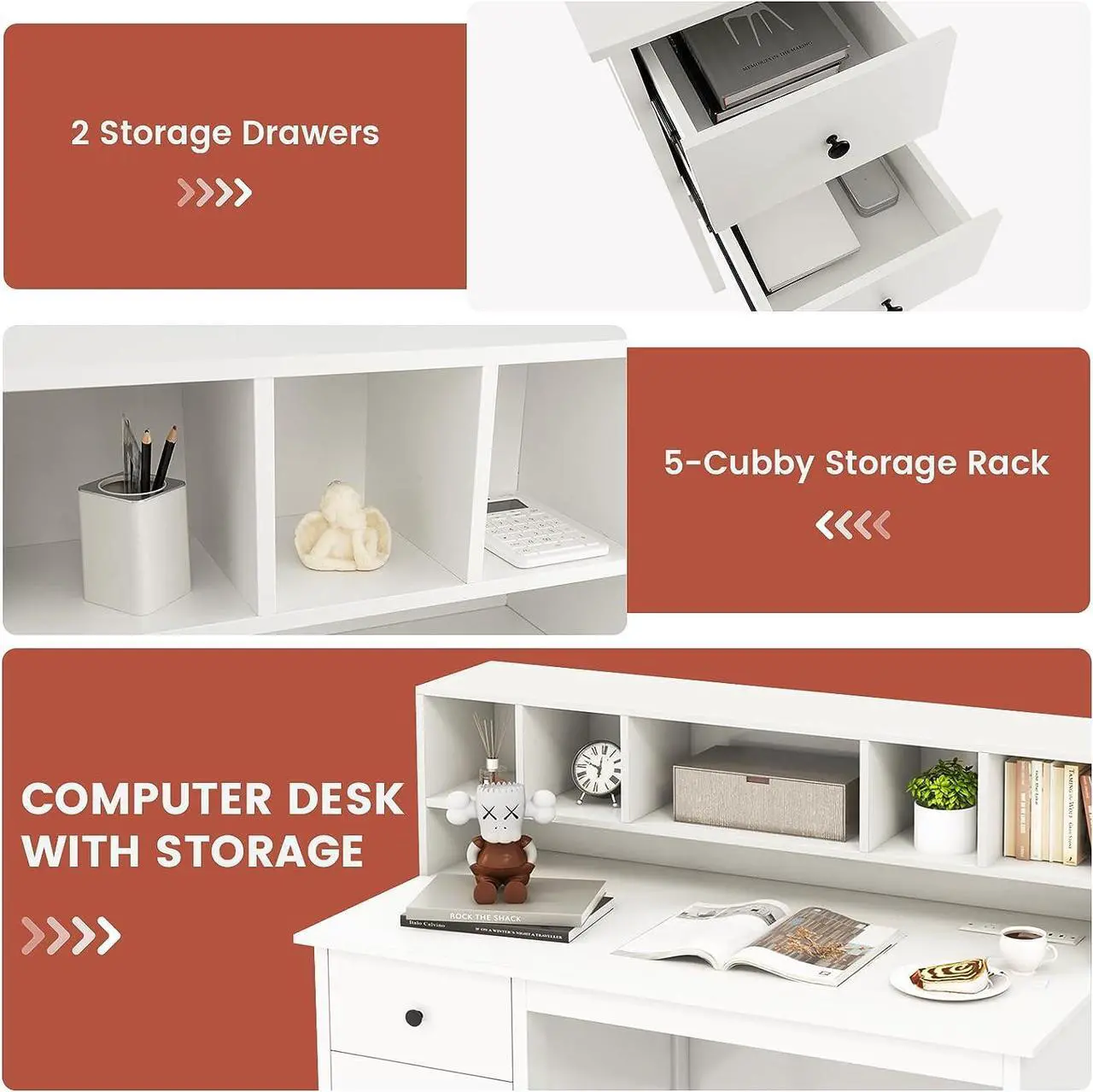 Alt view image 6 of 7 - Tangkula White Desk with Drawers & Hutch, Modern Home Office Desk Writing Study Desk with Charging Station, Laptop Desk with 5 Storage Compartments, Computer Workstation Makeup Vanity Desk