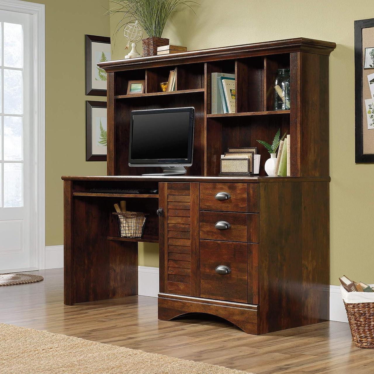Alt view image 2 of 7 - Sauder Harbor View Home Office Computer Desk with Hutch, Keyboard Tray, in Curado Cherry