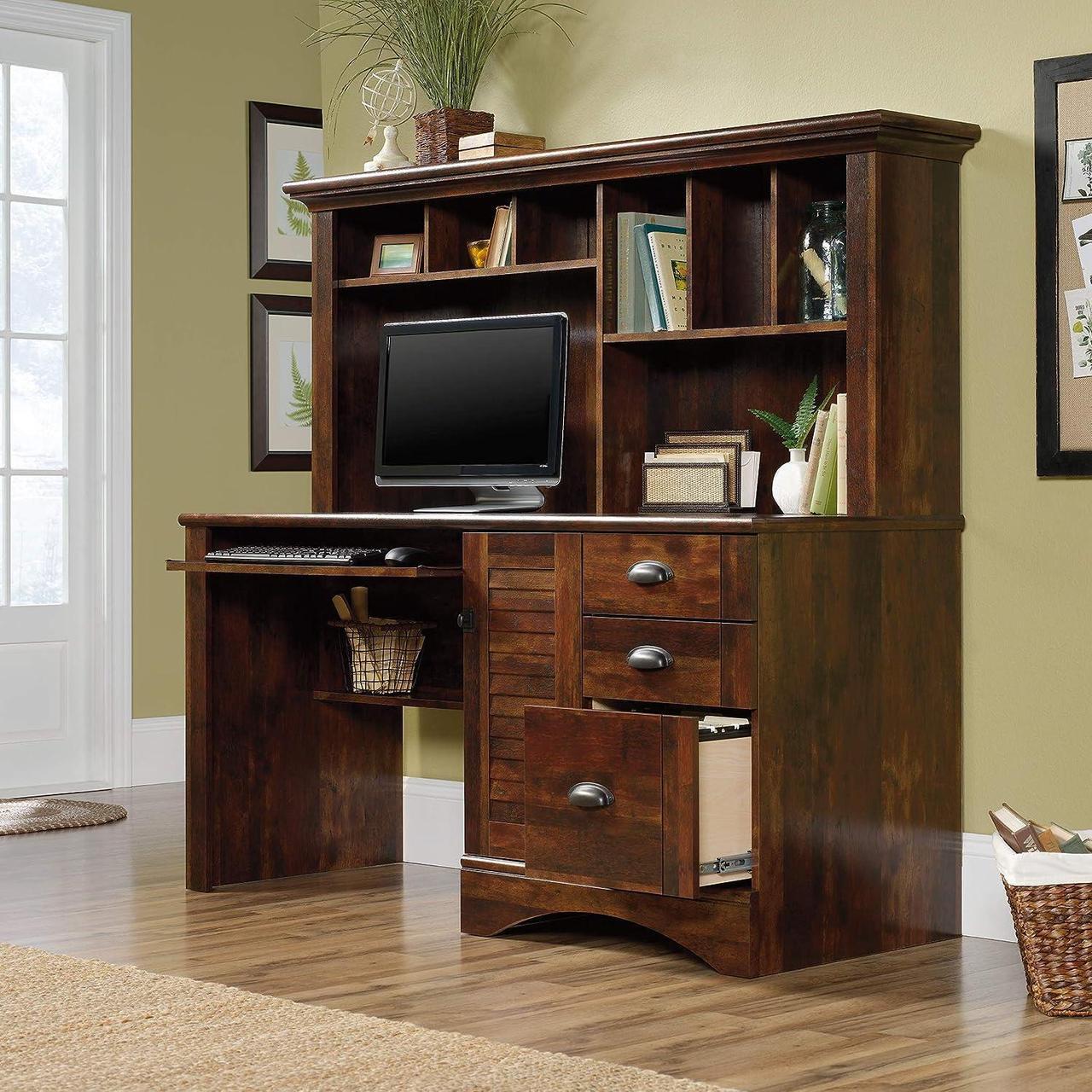 Alt view image 4 of 7 - Sauder Harbor View Home Office Computer Desk with Hutch, Keyboard Tray, in Curado Cherry
