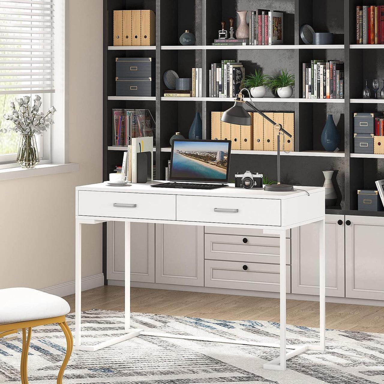 Alt view image 3 of 7 - Tribesigns Computer Desk with Drawers for Small Spaces, 39" White Home Office Desks Study Writing Desk for Bedrooms, Home Office, Living Room