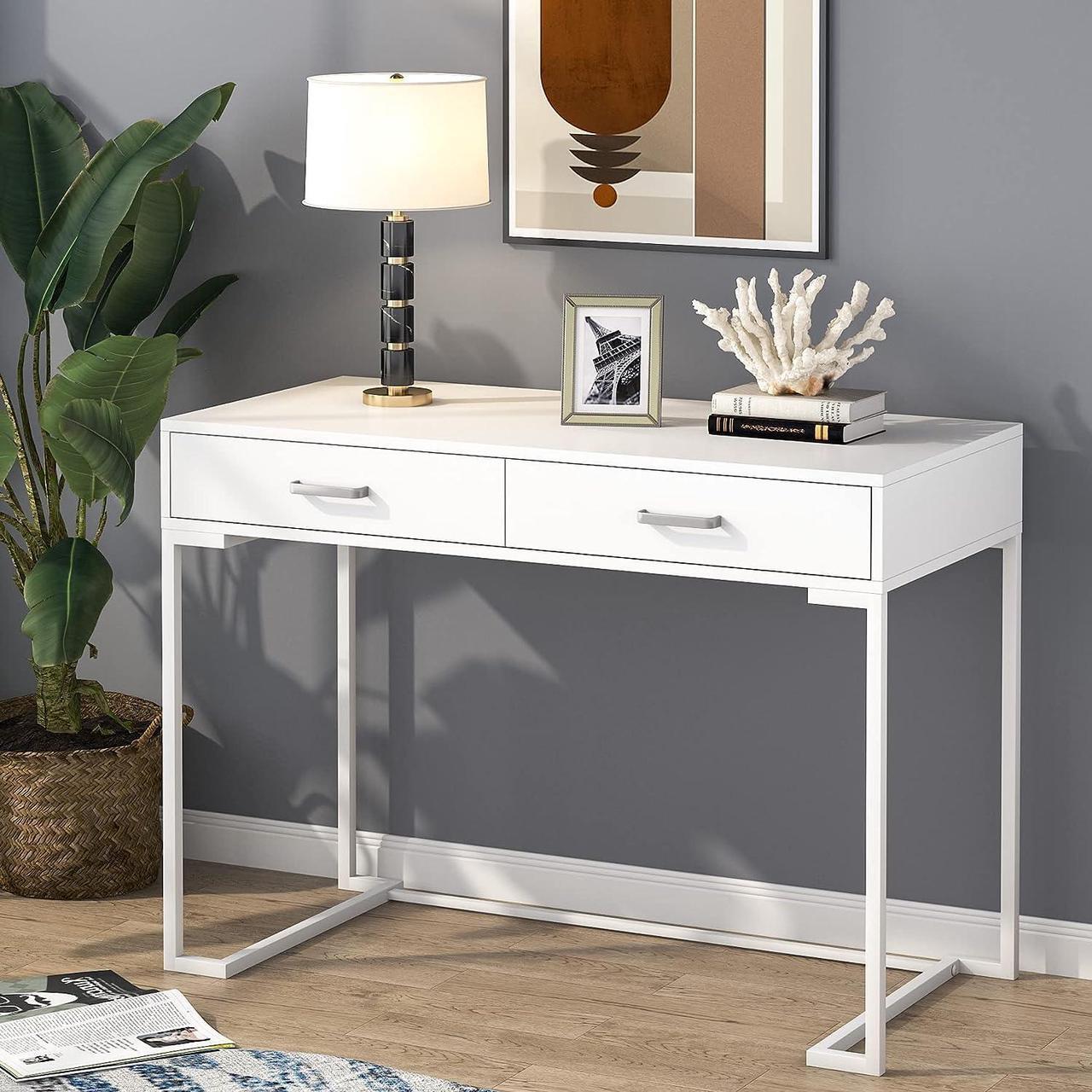 Alt view image 5 of 7 - Tribesigns Computer Desk with Drawers for Small Spaces, 39" White Home Office Desks Study Writing Desk for Bedrooms, Home Office, Living Room